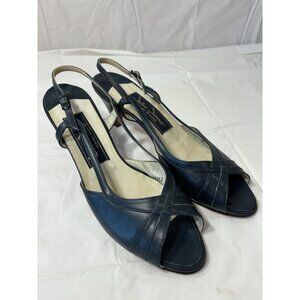 John Jerro Navy Leather Open Toe Strapback Heels Size 10